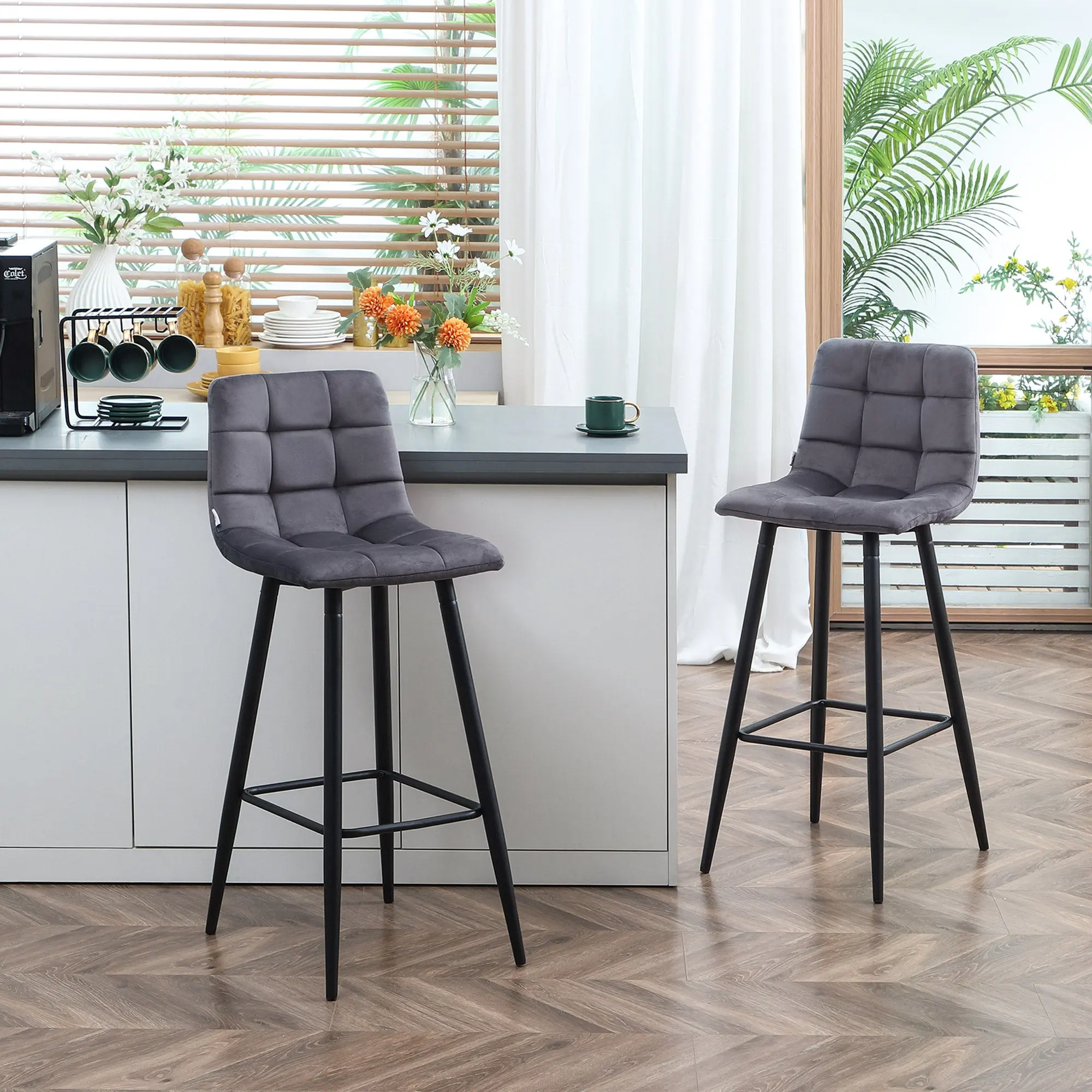 Set of 2 Bar Stools, Bistro Stools with Footrest, Bar Chairs, Velvet Cover, Kitchen Stool, Counter Stool Set with Steel Legs for Living Room, Dining Room, Gray, 42 x 50 x 105 cm