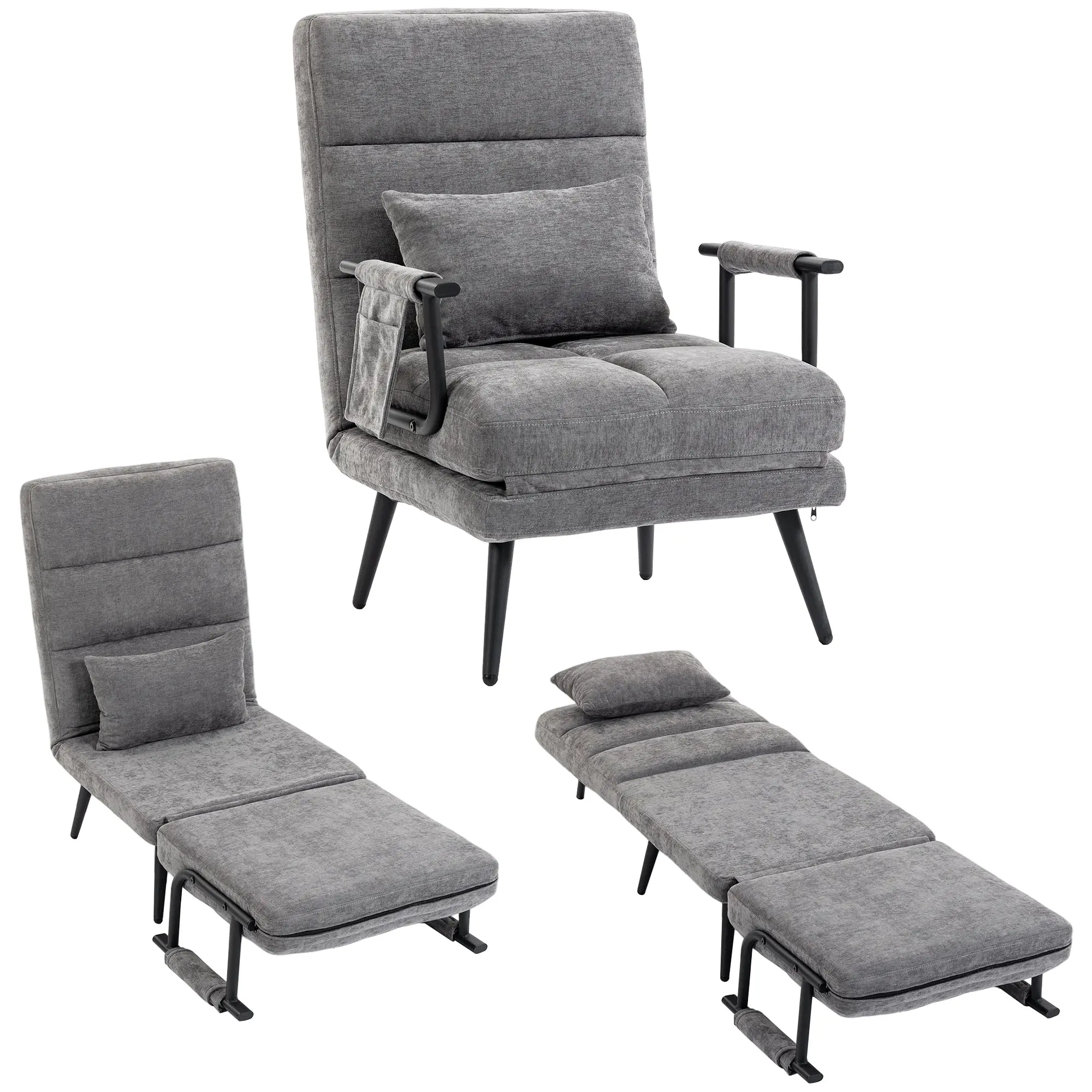 Sleeper Chair — 3-in-1 Foldable Chenille Chair with Click-Clack Backrest, Metal Frame & Pillow, Gray