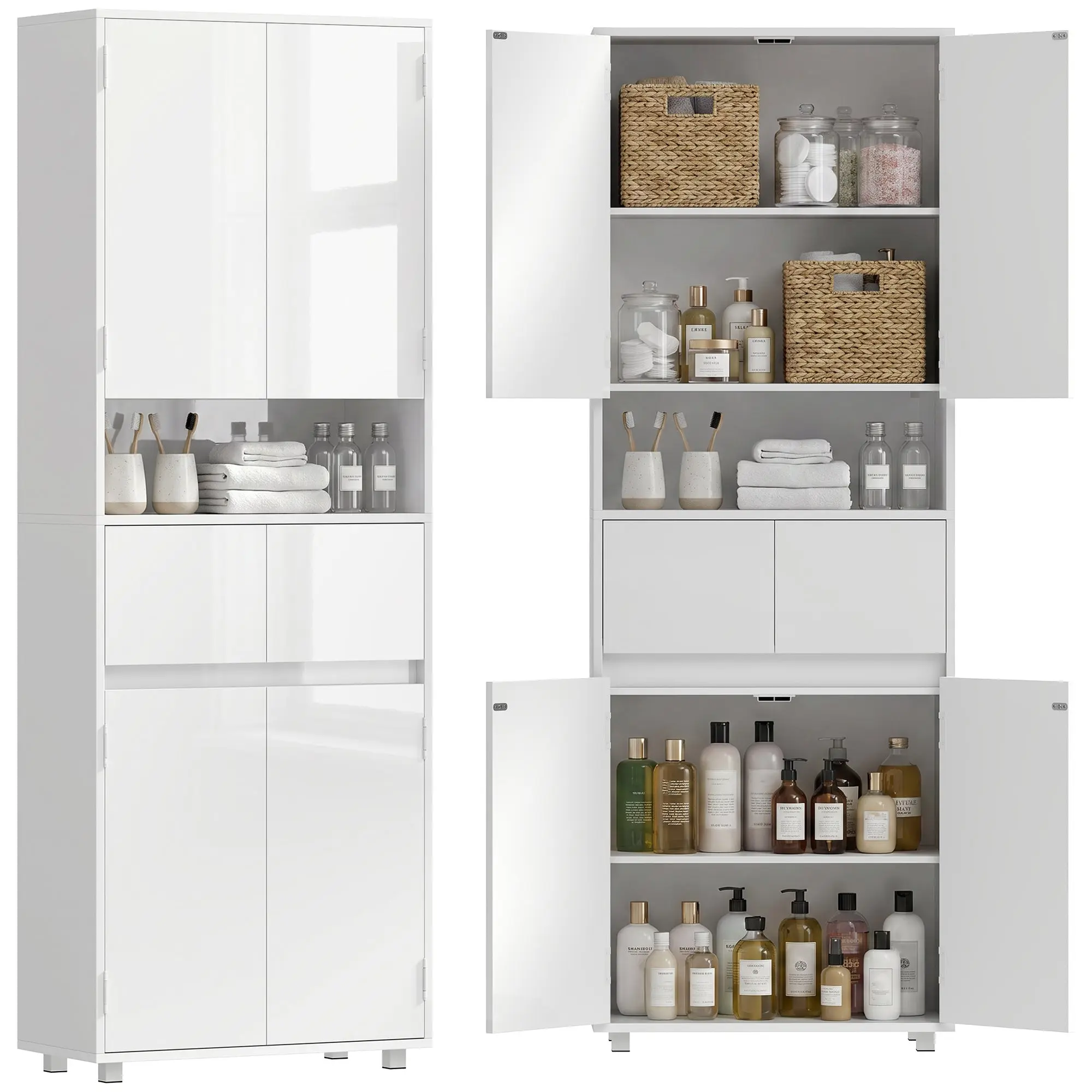 Slim Tall Bathroom Cabinet, Space-Saving 23.6 x 11.8 x 66.9 in (60 x 30 x 170 cm) — 2 Door Cabinets, 2 Drawers, Open Shelf & Adjustable Shelves, Modern High-Gloss White