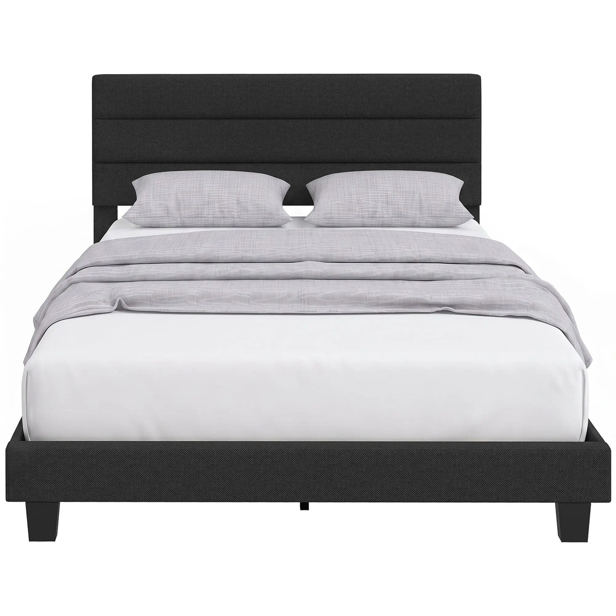 63 x 79 in (160 x 200 cm) Upholstered Double Bed Frame with Adjustable Headboard, Slatted Plywood Base, Easy Assembly — Black (Mattress Not Included)