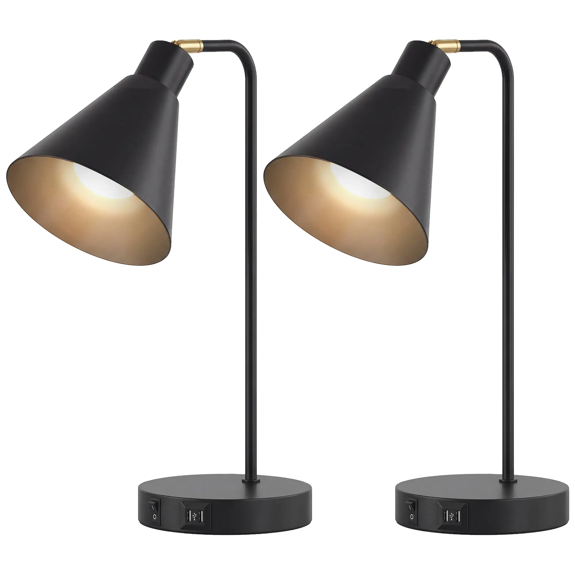 Set of 2 Modern Steel Desk/Table Lamps with USB Ports, E27 Base, Bulbs Not Included — Black