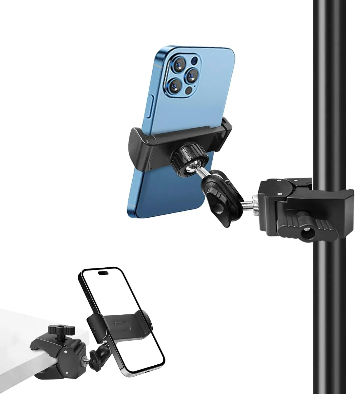 Adjustable Clamp Phone Mount for Mic Stands, Treadmills, Bikes & Strollers — Fits 0.47-1.1 in Poles, Universal Smartphone Holder