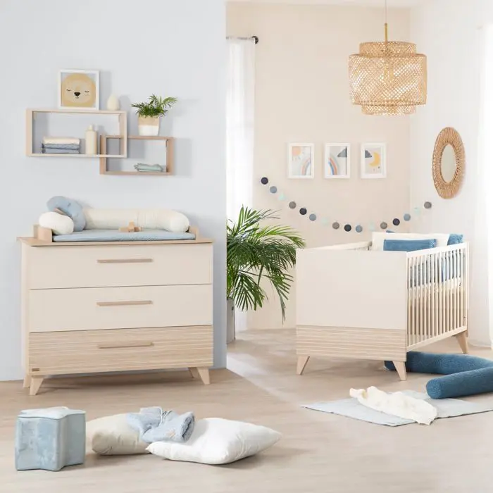 OCT091011 Chambre bébé duo : Lit évolutif 70 x 140 cm + Commode a langer - SIDNEY - ROBA - Chene / Beige