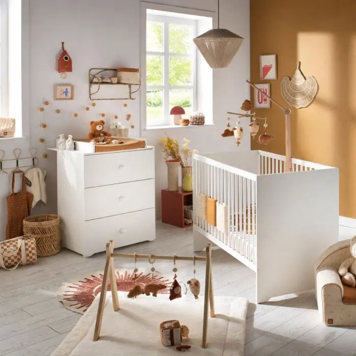 OCT091012 Chambre bébé duo Basic boule: Lit 120x60, commode a langer - Babyprice - Blanc