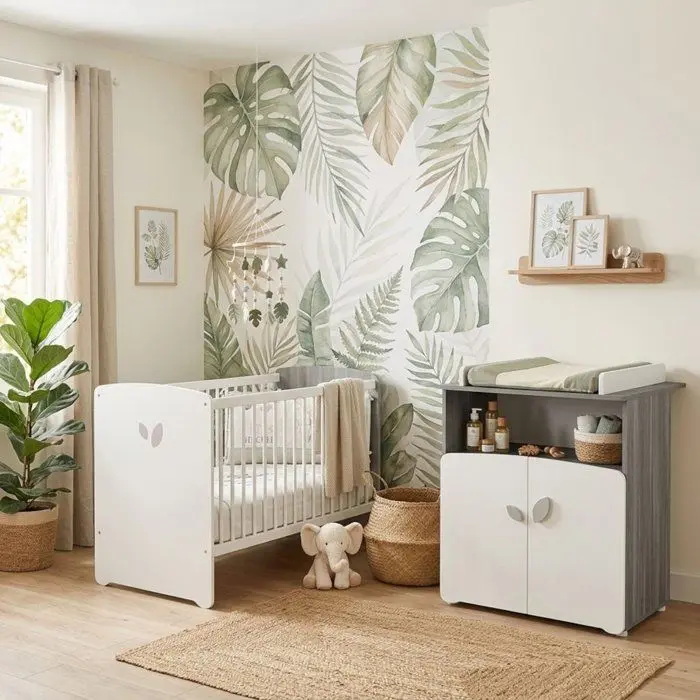 OCT091014 Chambre bébé duo Leaf: lit 120x60, commode a langer - Babyprice - Blanc