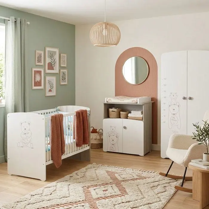 OCT091006 Chambre bébé trio Teddy: lit 120x60, commode a langer et armoire - Babyprice - Blanc