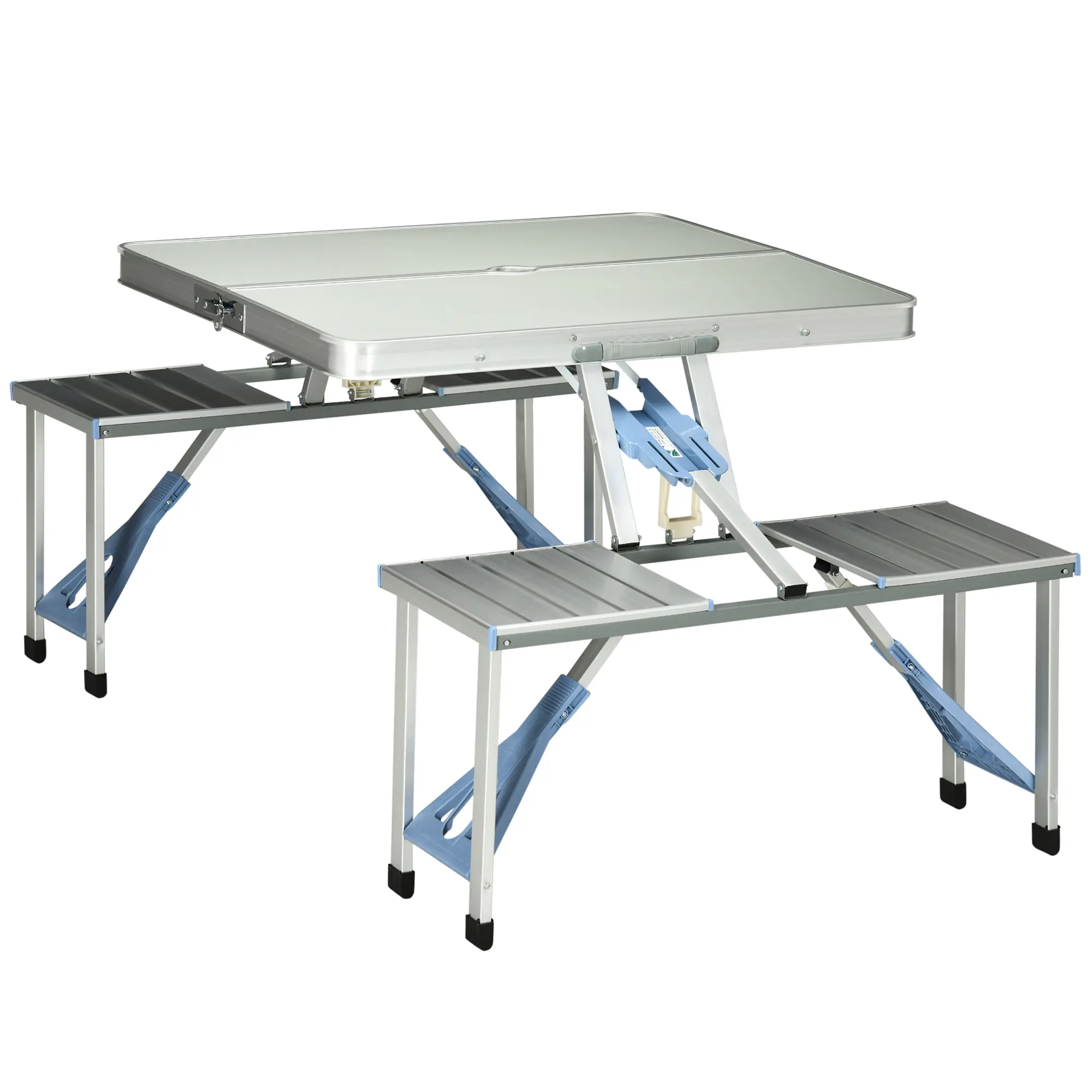 Tesing update title 44441Outsunny 38"Camping Table with 4 seat Folding Aluminum Picnic Table Chair Set, 4-Seat Outdoor Furniture with Portable Suitcase, Umbrella Hole, Handle for Camping Dining BBQ, Silver