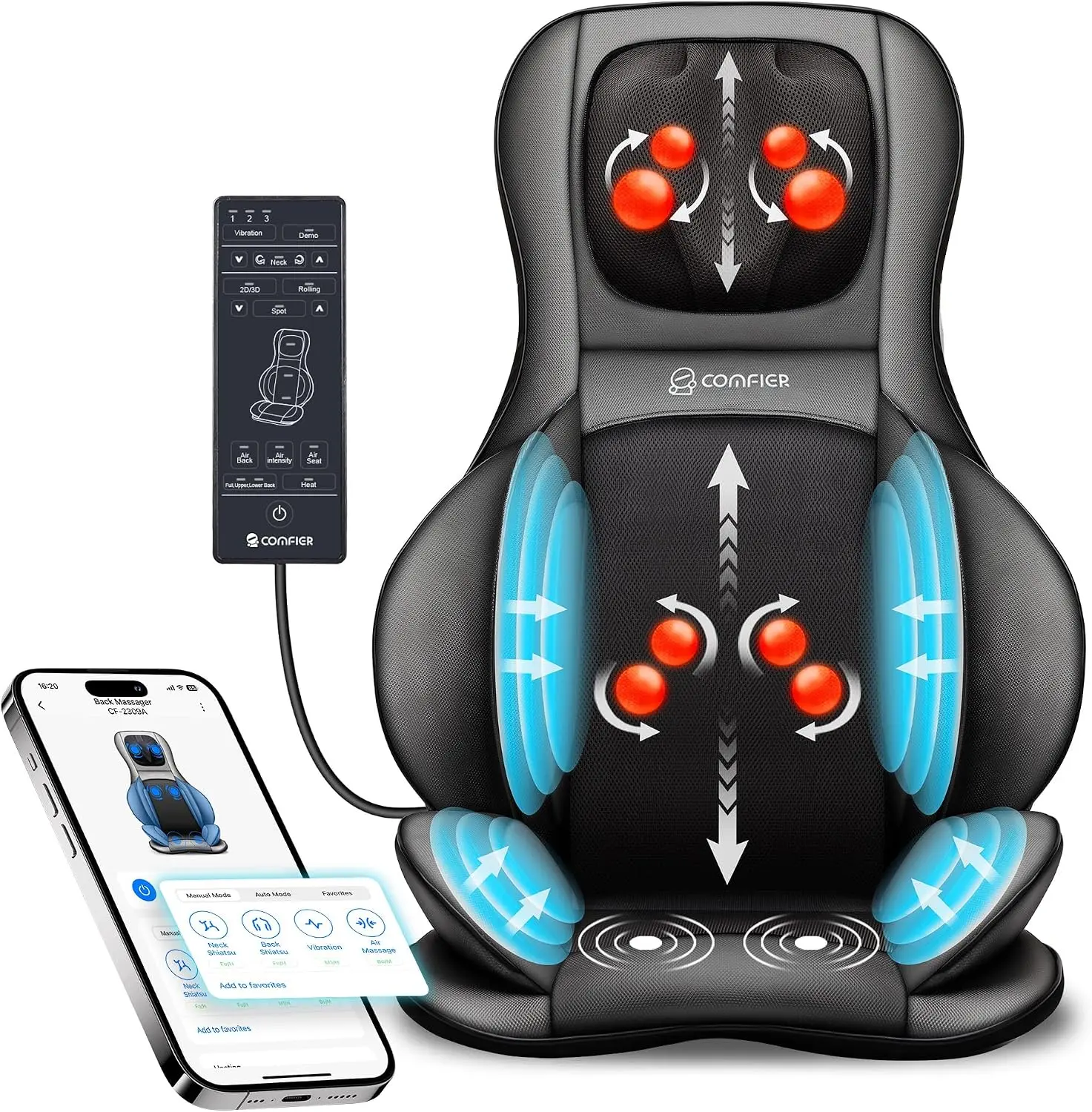 COMFIER Heated Shiatsu Neck & Back Massager Chair Pad, 2D/3D Kneading with App Control, Compression, Adjustable Coverage, Black