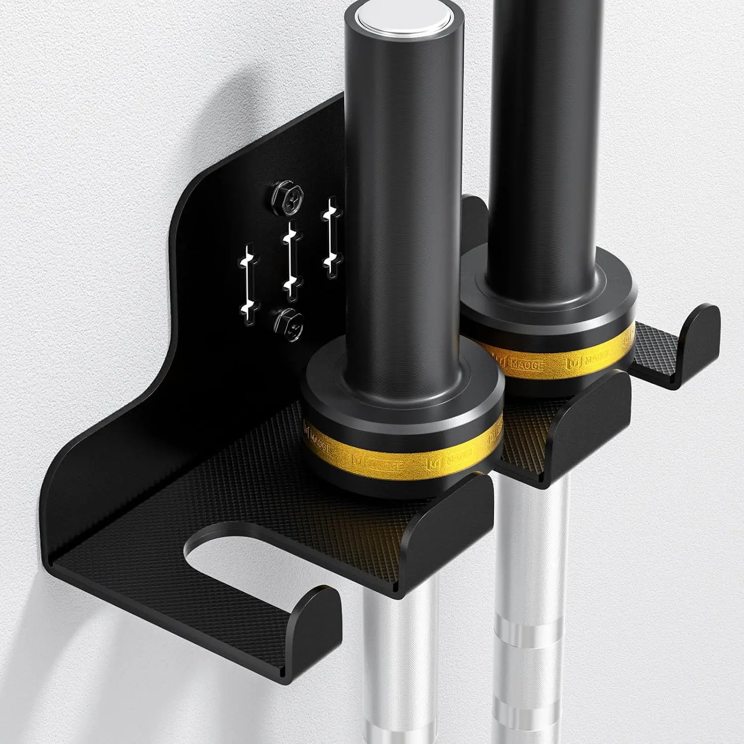 Olympic Barbell Wall Rack, Vertical Garage Gym Holder with 3 Storage Hooks, Space-Saving Steel Mount for Bars Under 33mm, Black