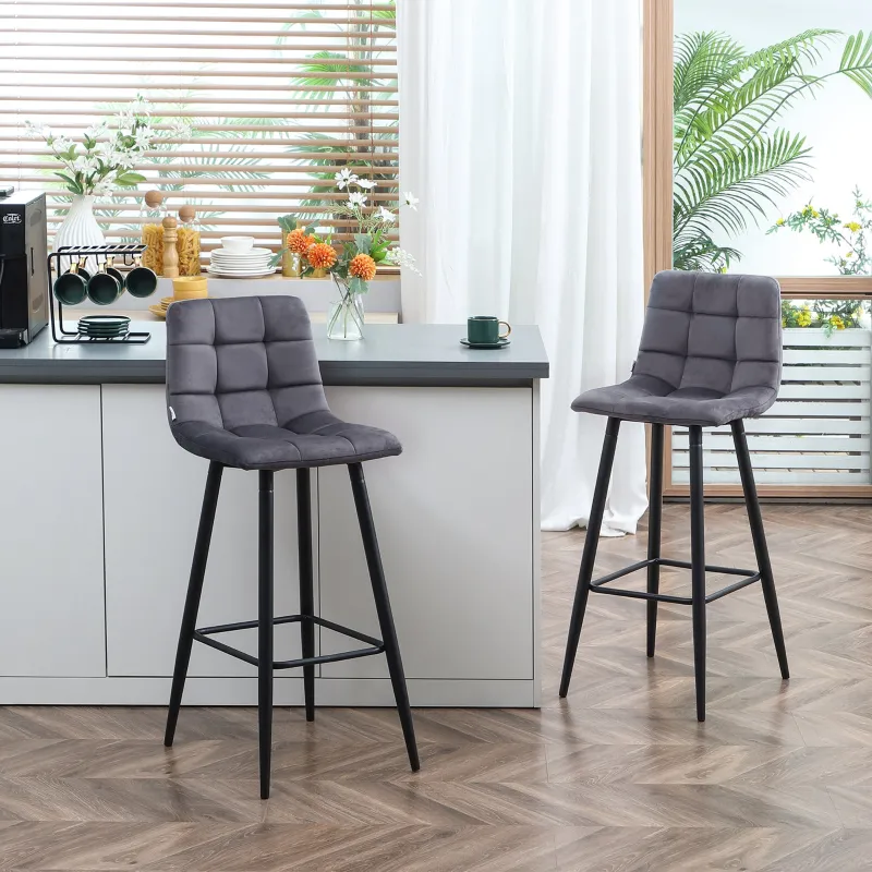 Set of 2 Bar Stools, Bistro Stools with Footrest, Bar Chairs, Velvet Cover, Kitchen Stool, Counter Stool Set with Steel Legs for Living Room, Dining Room, Gray, 42 x 50 x 105 cm