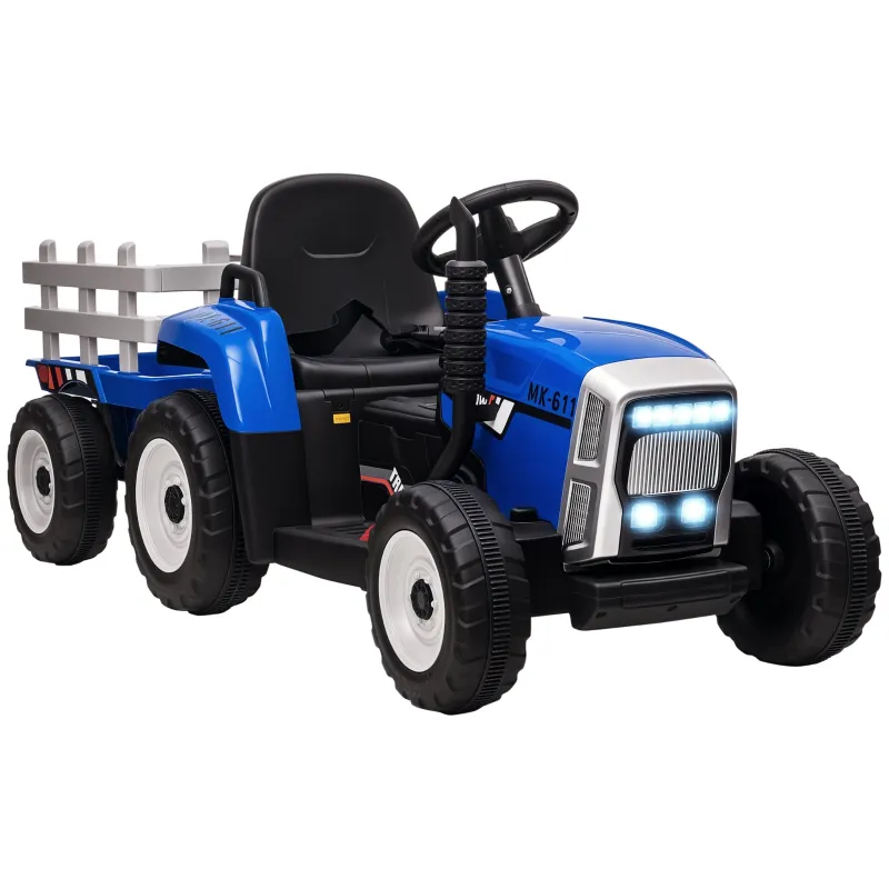 Electric Tractor with Trailer, Kids Ride-On Tractor with Remote Control, Kids Electric Car with MP3 Function, Children's Vehicle with Headlights, 3-6KM/H, for 3-6 Years, Blue