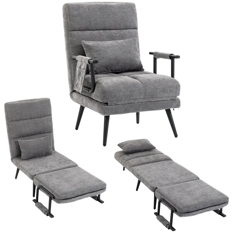 Sleeper Chair — 3-in-1 Foldable Chenille Chair with Click-Clack Backrest, Metal Frame & Pillow, Gray
