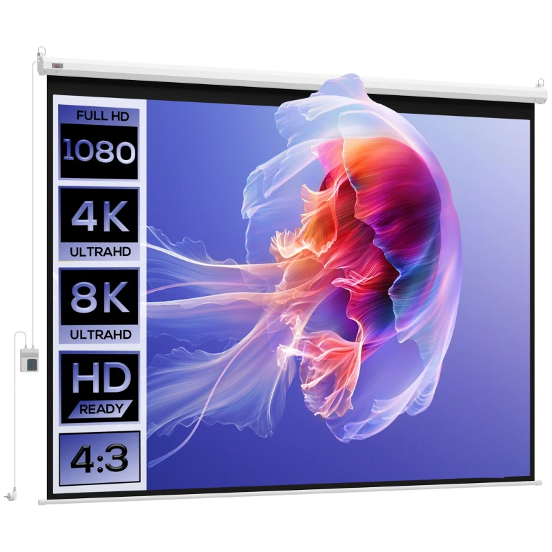 Universal Portable Electric Projection Screen 100" 4:3 with Remote Control, Wall-Mounted, 203x152 cm, White