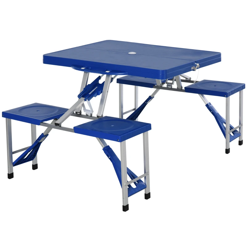 Outsunny 135 cm Camping Table with 4 Seats, Plastic Portable Compact Folding Suitcase Picnic Table Set with Umbrella Hole - Blue